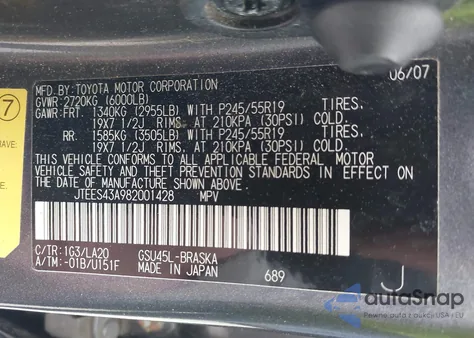 2008 Toyota Highlander Sport from USA, damaged, VIN JTEES43A982001428